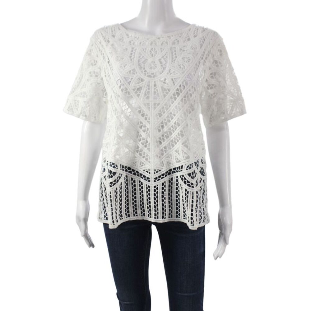 Suncoo Womens Basic Lace Boho White Blouse Short Sleeve Round Neck Size 2